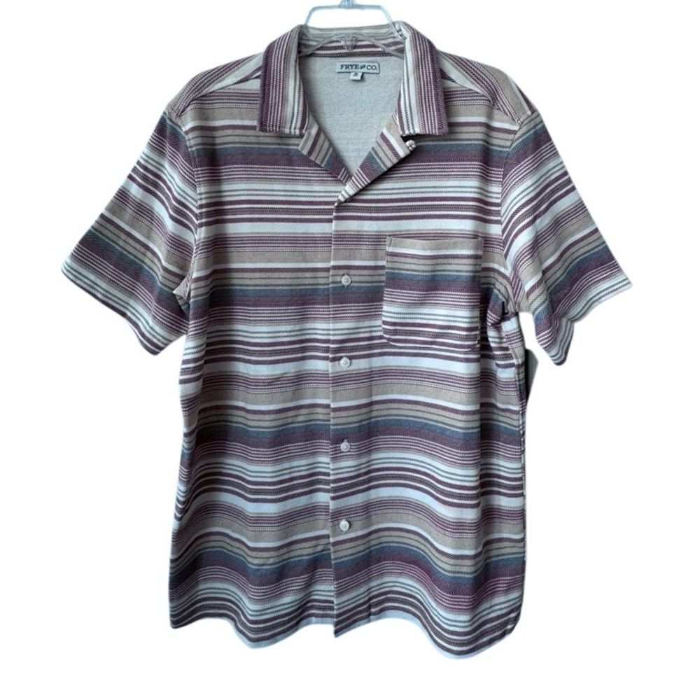 Frye & Co Men’s Shirt Short Sleeve Cream Multi Color Striped Knit SZ M NEW